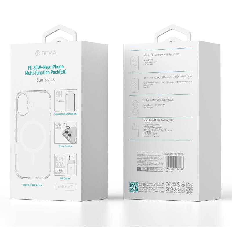 Φορτιστής Ταξιδίου Ταχείας Φόρτισης Devia με Έξοδο USB C PD 30W με Θήκη ShockProof & Tempered Glass & Camera Cover Apple iPhone 17 Star Pack Λευκό | Shopin.gr