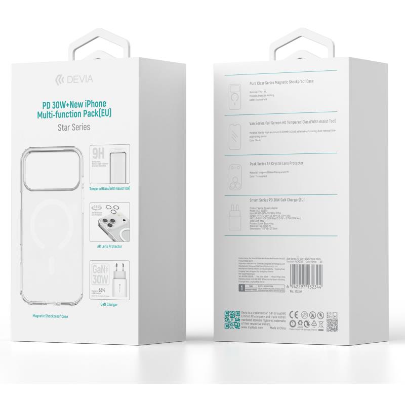 Φορτιστής Ταξιδίου Ταχείας Φόρτισης Devia με Έξοδο USB C PD 30W & Θήκη ShockProof & Tempered Glass & Camera Cover Apple iPhone 17 Pro Star Pack Λευκό | Shopin.gr
