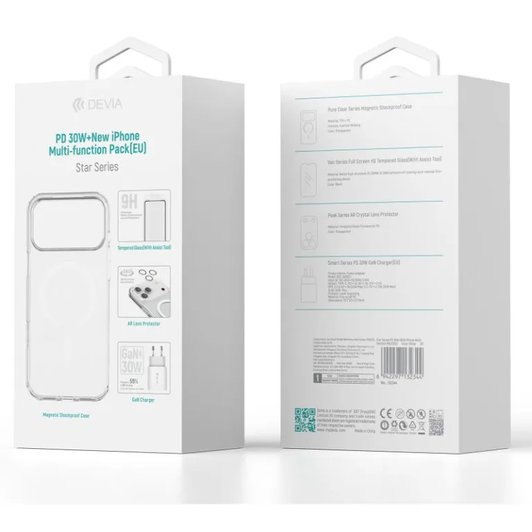 Φορτιστής Ταξιδίου Ταχείας Φόρτισης Devia με Έξοδο USB C PD 30W & Θήκη ShockProof & Tempered Glass & Camera Cover Apple iPhone 17 Pro Star Pack Λευκό | Shopin.gr