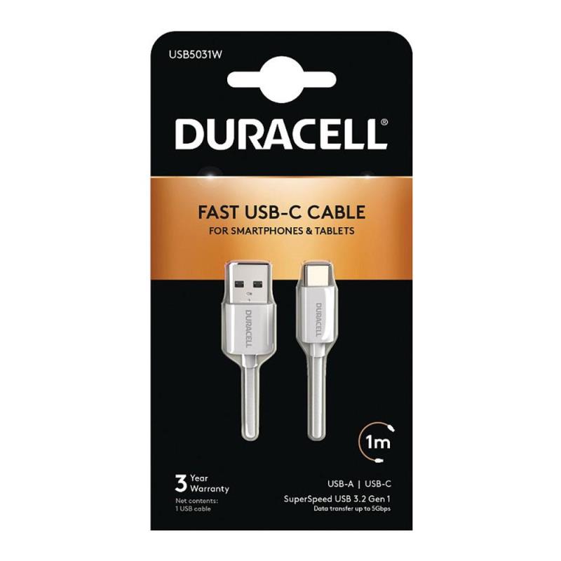 Καλώδιο Σύνδεσης USB 3.0 Duracell USB A σε USB C 15W 1m Λευκό | Shopin.gr