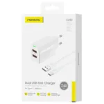 Φορτιστής Ταξιδίου Ταχείας Φόρτισης Foneng EU63 με Διπλή Έξοδο 2xUSB A 12W 2.4A & Καλώδιο USB A σε USB C 1m Λευκό | Shopin.gr