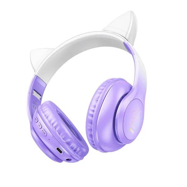 Wireless Ακουστικά Stereo Hoco W42 Cat Ears 400mAh Micro SD και AUX Purple Grape | Bluetooth - shopin.gr