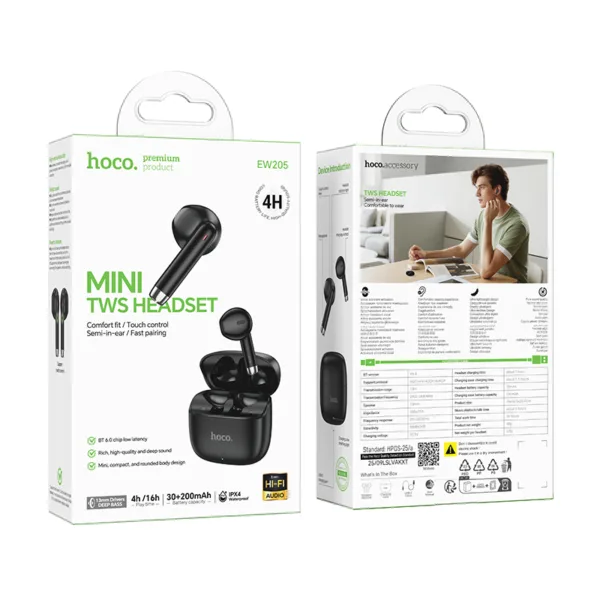 Wireless Hands Free Hoco EW205 Peaceful TWS Hi-Fi Audio Deep Bass v6.0 200mAh 4  Ώρες Ομιλίας και Θήκη Φόρτισης Μαύρα | Bluetooth - shopin.gr