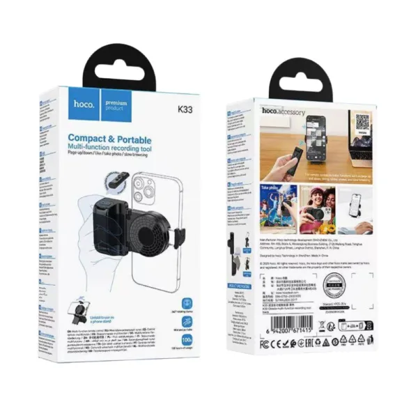 Λαβή/Βάση Στήριξης Hoco K33 με Bluetooth Χειριστήριο Περιστροφή 360° για Καταγραφή Βίντεο και Φωτογραφιών 4.5" – 7" 55–90mm | Βάσεις Στήριξης - shopin.gr