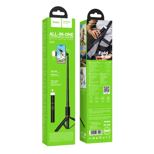 Selfie Stick Hoco K34 Spring και Τρίποδο για Συσκευές 4.5"- 7" Επεκτεινόμενo εως 1.36m με Τηλεχειριστήριο και Φωτισμό | Βάσεις Στήριξης - shopin.gr