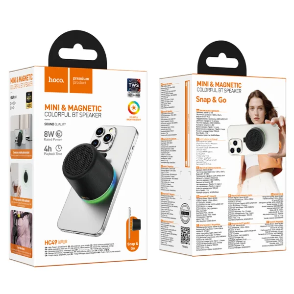 Φορητό Ηχείο Wireless Hoco HC49 Shine Mini Μαγνητικό TWS Hi-Fi Audio v6.0 700mAh 8W εως 4 Ώρες Αναπαραγωγής και Πολύχρωμο Φωτισμό Μαύρο | Φορητά Ηχεία - shopin.gr
