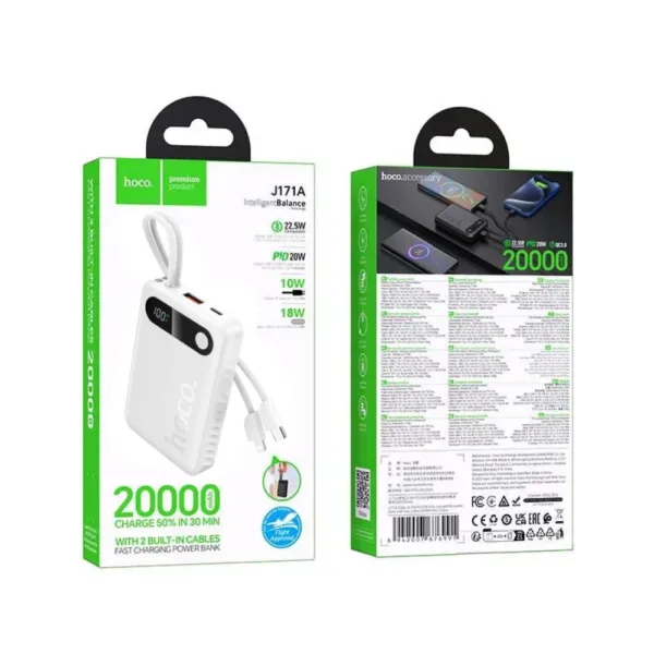 Power Bank Hoco J171A Edge 20000mAh 1xUSB-A 22.5W 1xUSB-C PD20W Digital LED Ένδειξη Μπαταρίας και Braided Καλώδιο USB-C και Lightning Λευκό | Power Bank - shopin.gr