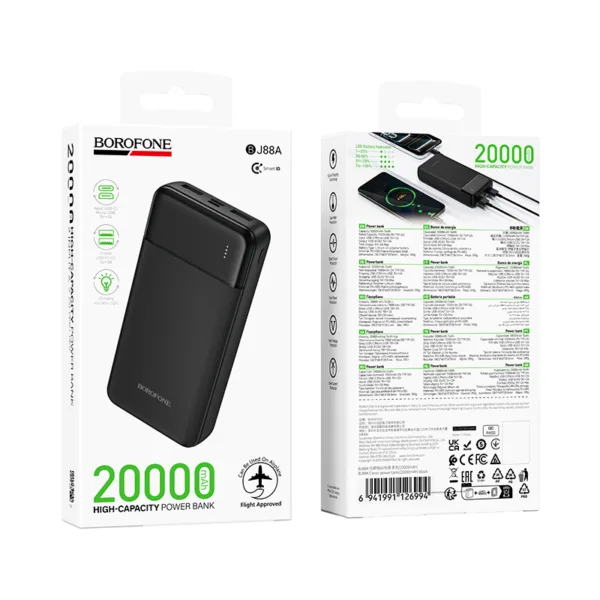 Power Bank Borofone BJ88A Clever 20000mAh 5V/2A με 4 Θύρες 1xUSB-C 2xUSB-A 1xMicroUSB και LED Ένδειξη Μπαταρίας Μαύρο | Power Bank - shopin.gr