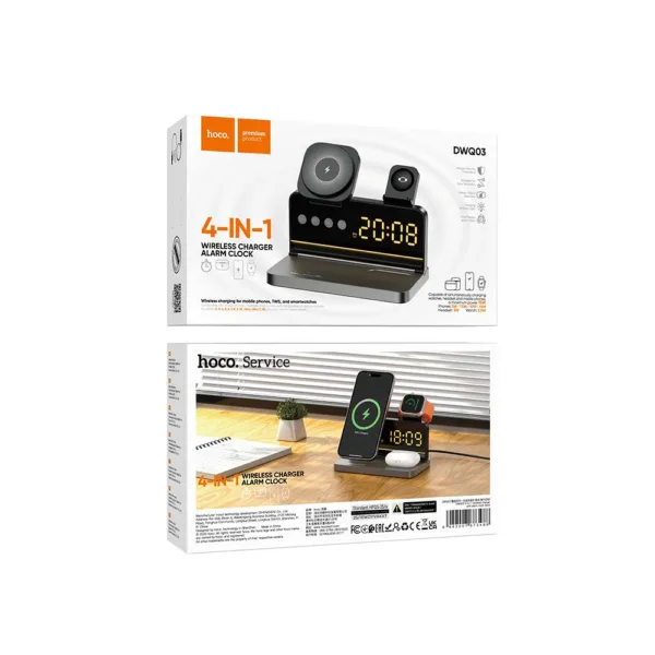 Ασύρματος Φορτιστής Hoco DWQ03 4 in 1 Qi 15W για Smartphone Earbuds Smartwatch με Ψηφιακό Ρολόι και Ξυπνητήρι | Ασύρματοι Φορτιστές - shopin.gr