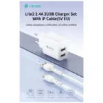 Φορτιστής Ταξιδίου Devia RLC-342 με Διπλή Έξοδο 2xUSB A 12W & Καλώδιο USB A σε Lightning 1m Lite2 Λευκό | Shopin.gr