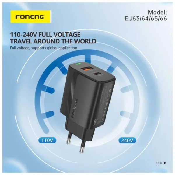 Φορτιστής Ταξιδίου Ταχείας Φόρτισης Foneng EU66 με Διπλή Έξοδο USB A & USB C PD QC 20W 3A Λευκό | Shopin.gr