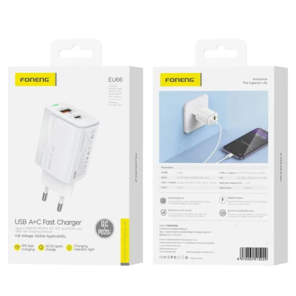 Φορτιστής Ταξιδίου Ταχείας Φόρτισης Foneng EU66 με Διπλή Έξοδο USB A & USB C PD QC 20W 3A Λευκό | Shopin.gr