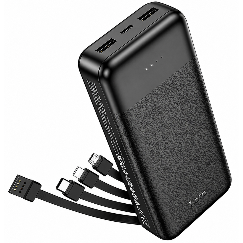 Power Bank Hoco J163A 20000mAh 5V/2A QC 1xUSB-C 2xUSB-A Ενσωματωμένα Καλώδια USB-A USB-C Lightning MicroUSB και LED Ένδειξη Μαύρο | Power Bank - shopin.gr