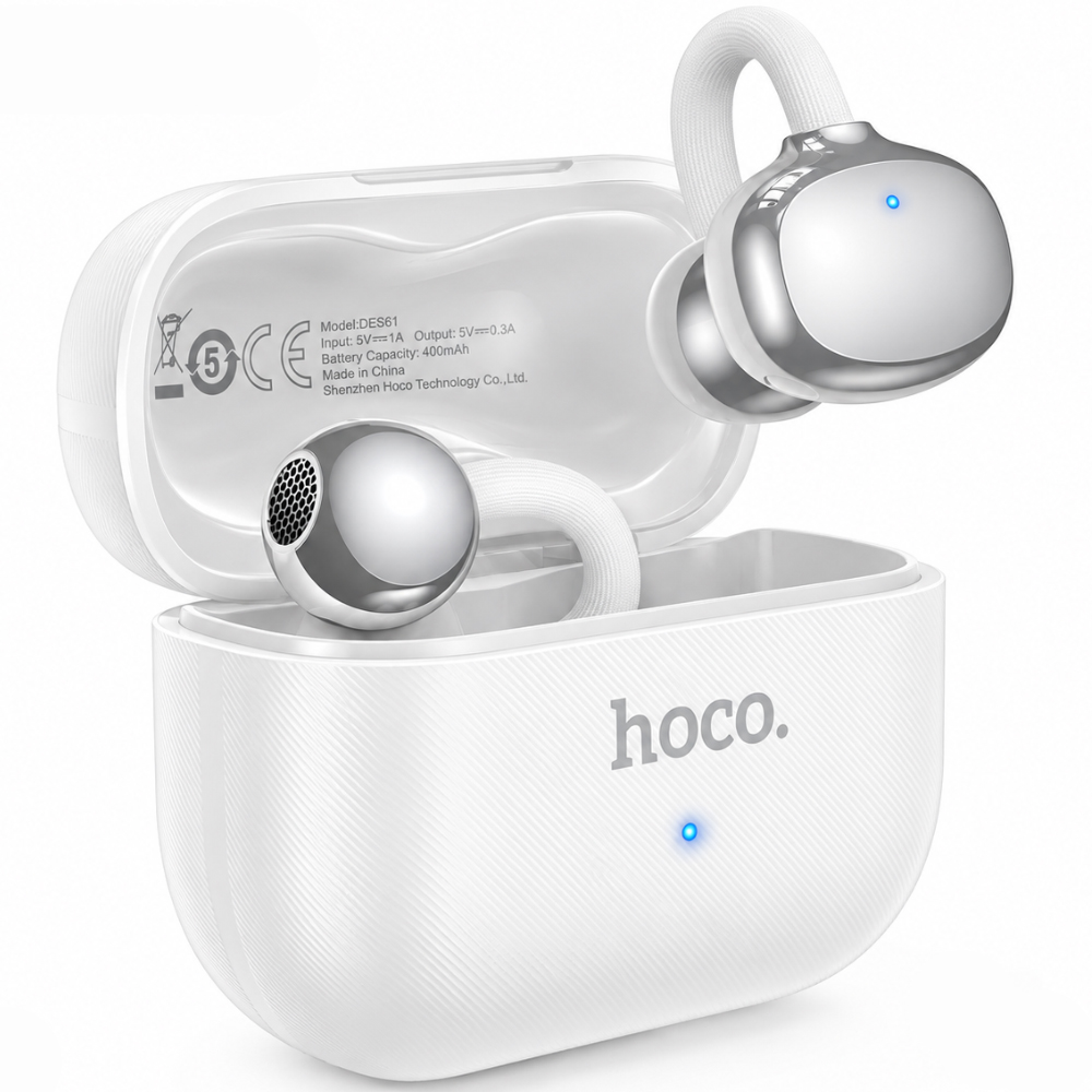 Wireless Hands Free Open-Ear Hoco. DES61 Cool TWS v6.0 250mAh 6h Ώρες Λειτουργίας Λευκά με Λευκό Silicon Sleeve | Bluetooth - shopin.gr