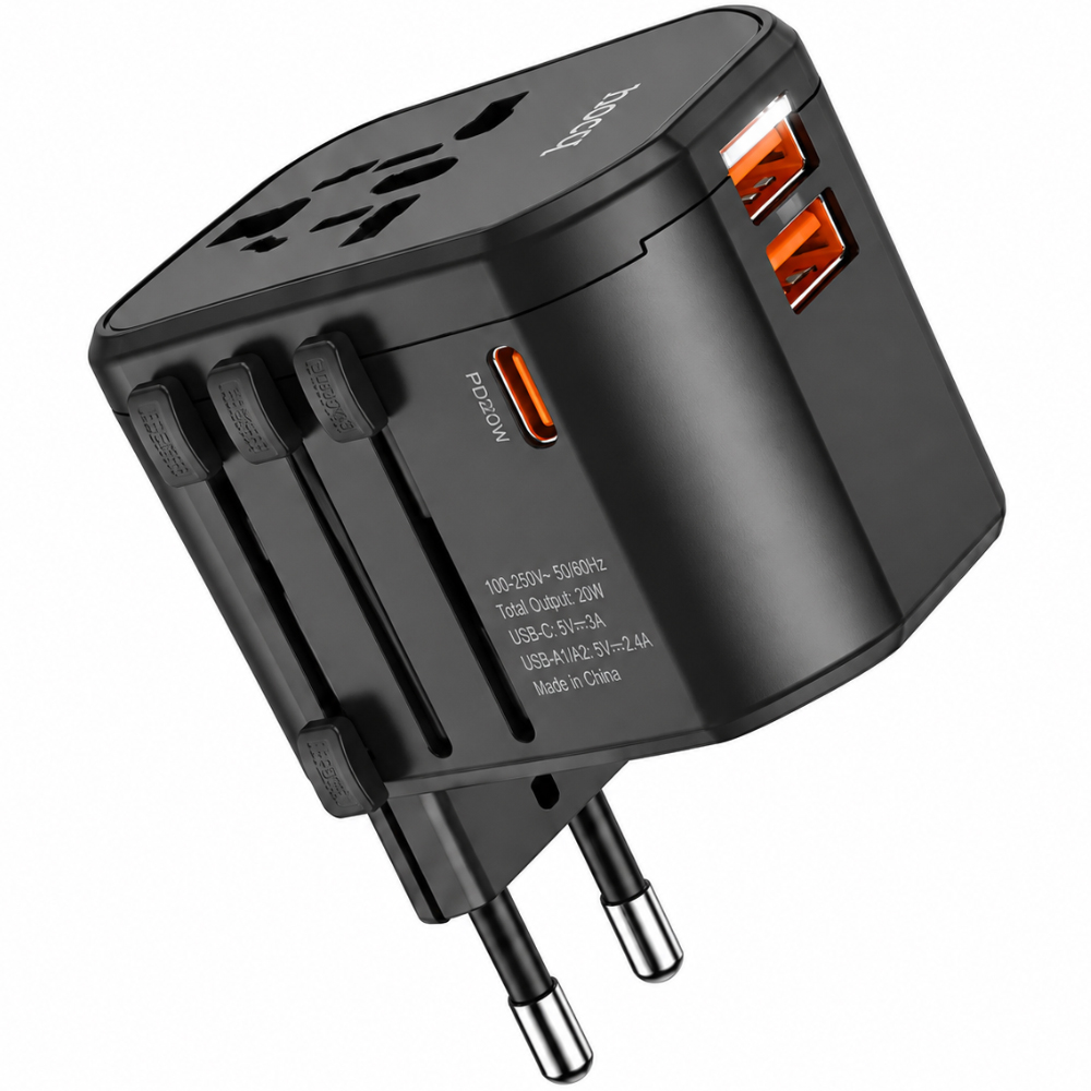 Φορτιστής Ταξιδίου Hoco. DC44 Universal Converter US EU AU UK με 2xUSB-A 1xUSB-C PD20W Μαύρος | Φορτιστές - shopin.gr
