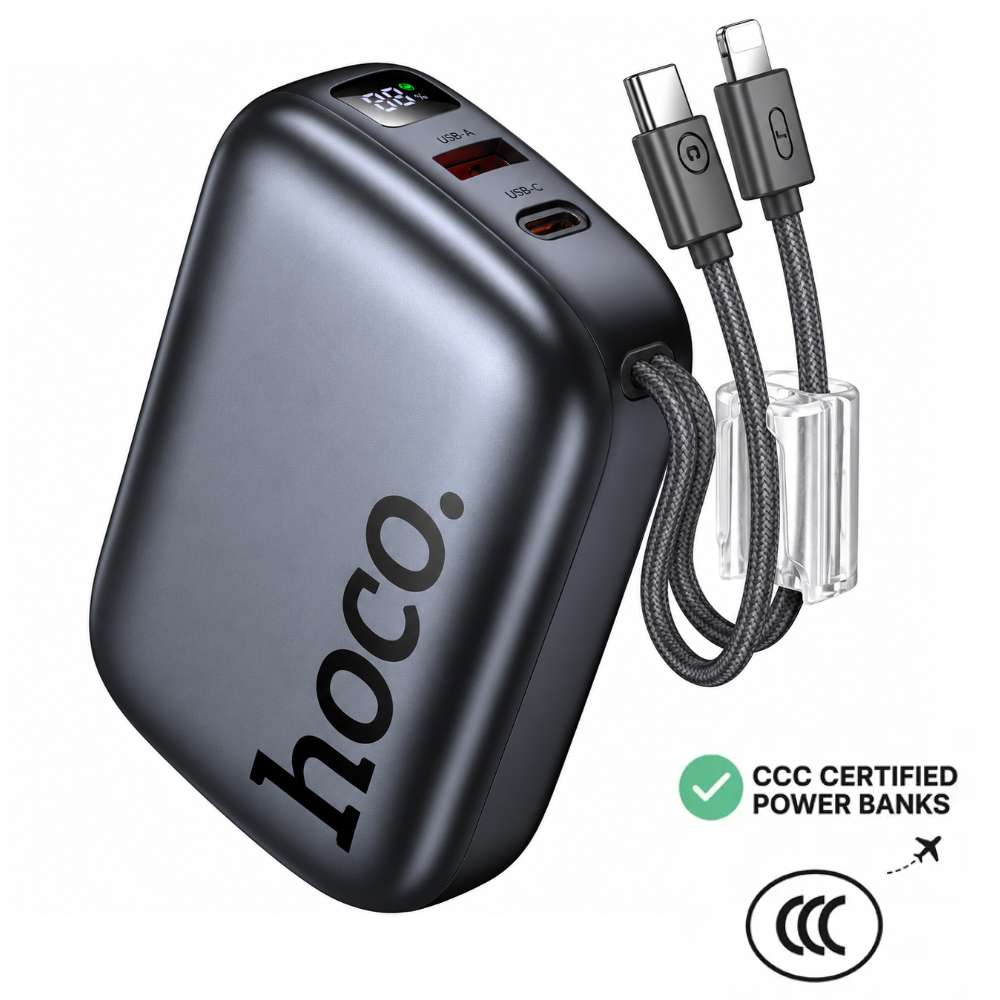 Power Bank Hoco Q55 Rock Mini 20000mAh PD20W QC USB-C USB-A και Ενσωματωμένα Καλώδια USB-C Lighting LED Γκρι με Πιστοποίηση CCC | Power Bank - shopin.gr